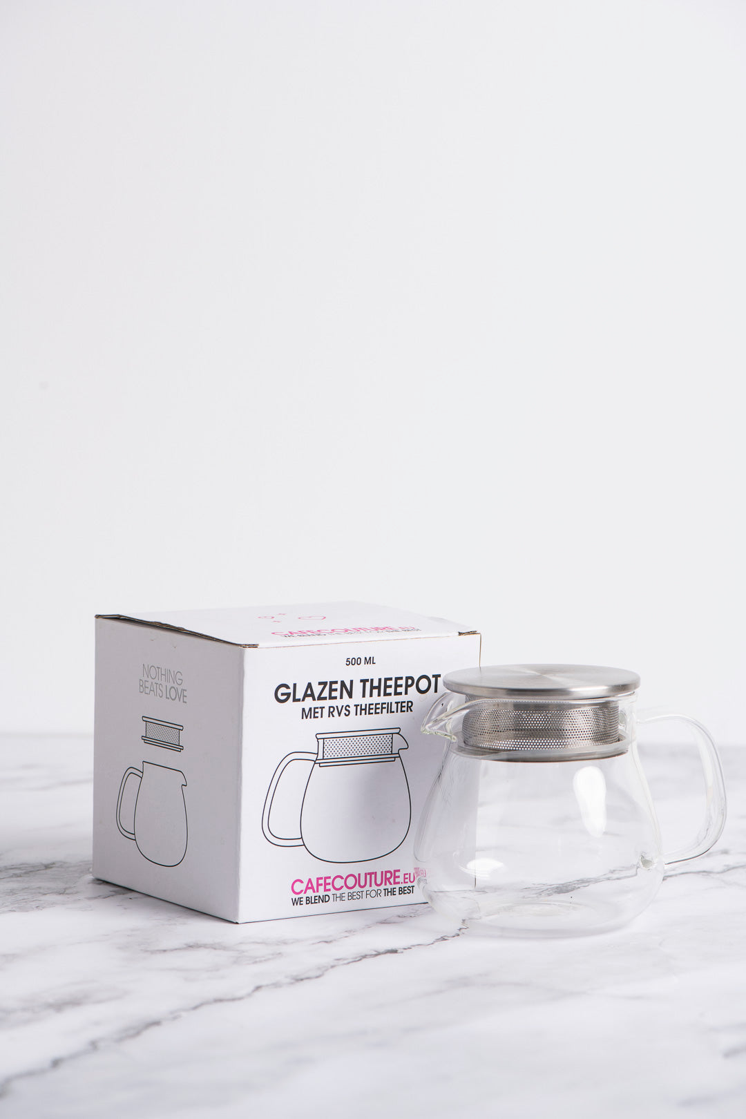 glazen theepot met rvs filter in verpakking